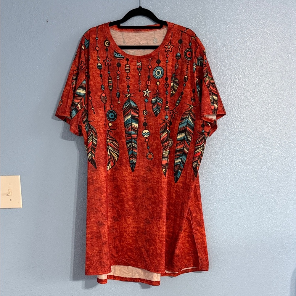 Red Feather Print Tunic Top